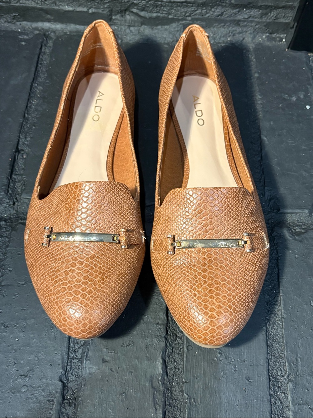 ALDO Brown Snake-Embossed Loafers with Gold Accent